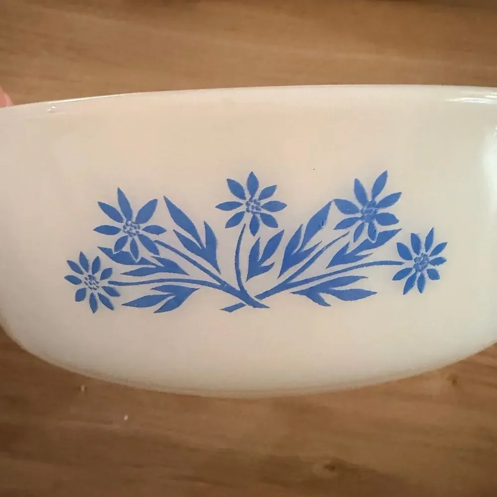 Anchor Hocking Casserole Dish Milk Glass White Blue Cornflower Floral